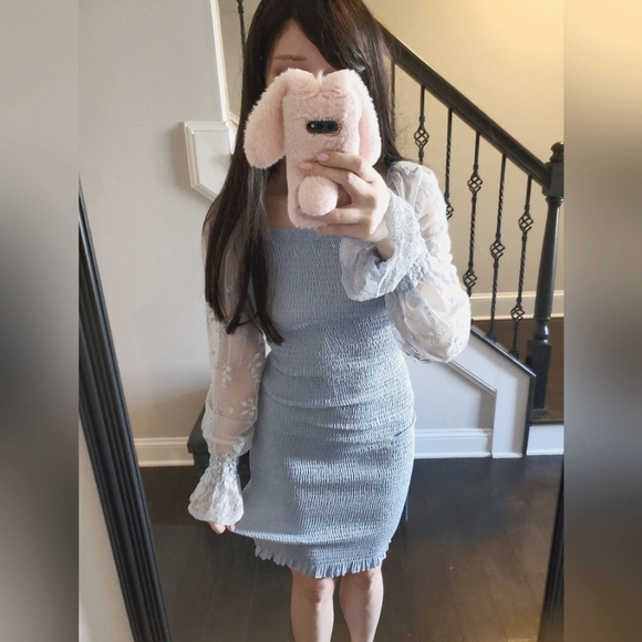 Shein light blue bodycon mesh floral long sleeve spandex dress Small - Picture 2 of 12